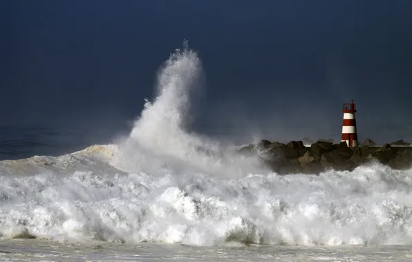 Картинка волны, вода, тучи, шторм, берег, маяк