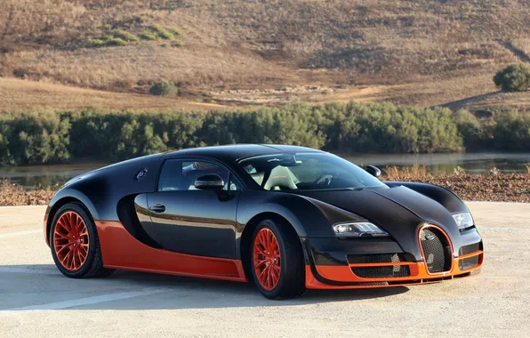 Картинка оранжевый, черный, Bugatti, Veyron, карбон