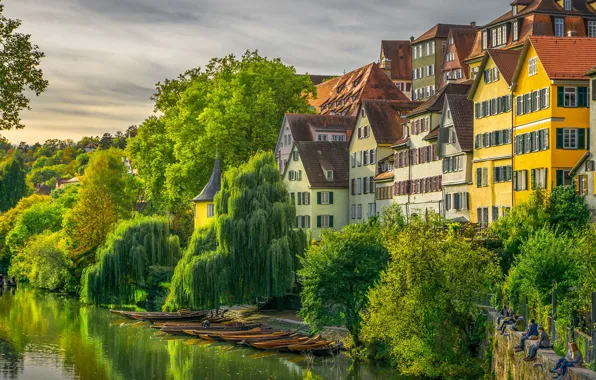 Картинка деревья, река, лодка, человек, дома, Германия, Tuebingen