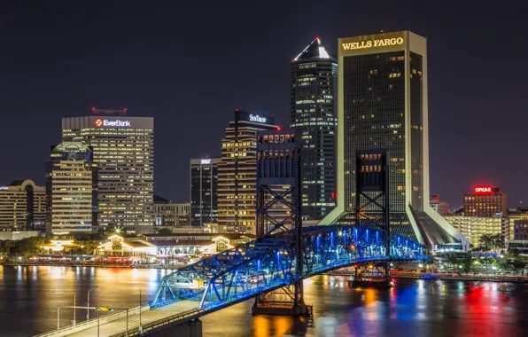Ночь, мост, город, огни, здания, Jacksonville