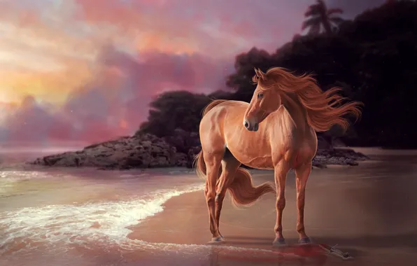 Картинка море, взгляд, рендеринг, животное, берег, лошадь, грива