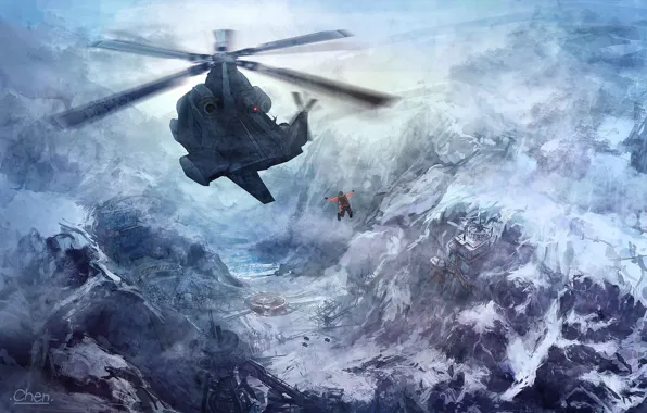 Картинка снег, полет, горы, человек, арт, база, вертолет, RichardChen