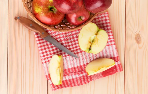 Фрукт, нож, дольки, салфетка, красные яблоки