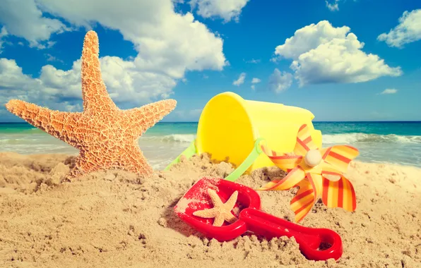 Картинка песок, море, пляж, небо, облака, ведро, морская звезда, beach