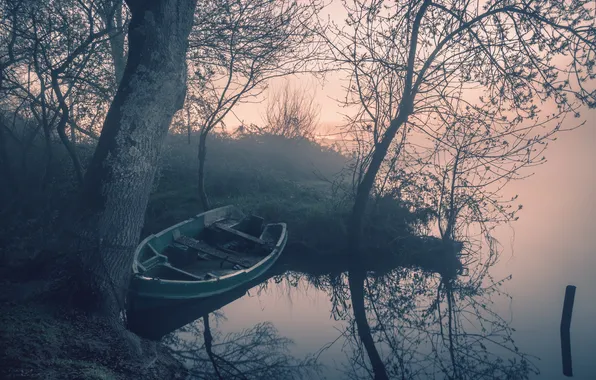 Картинка туман, река, лодка