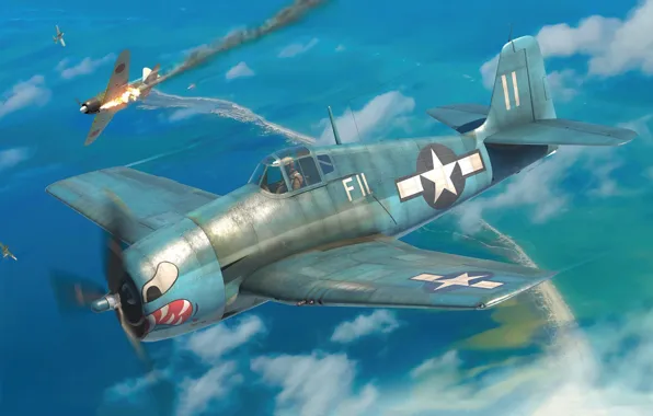 Истребитель, USA, F6F-3 Hellcat, US Navy, Боевой самолет, Палубная авиация