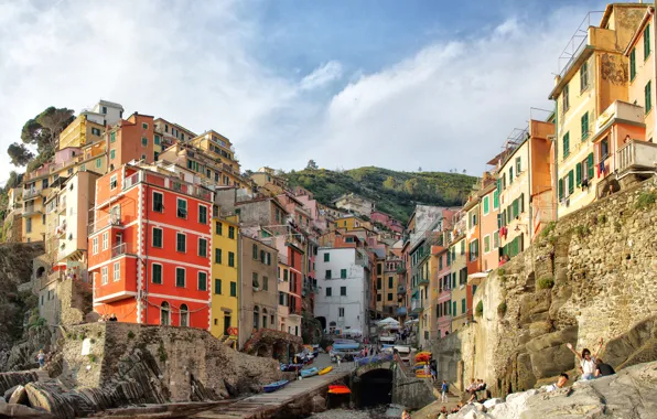 Пейзаж, скалы, дома, Италия, Riomaggiore, Liguria
