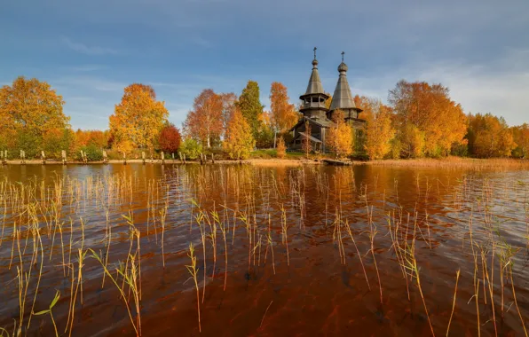 Картинка осень, деревья, пейзаж, природа, озеро, село, церковь, Карелия