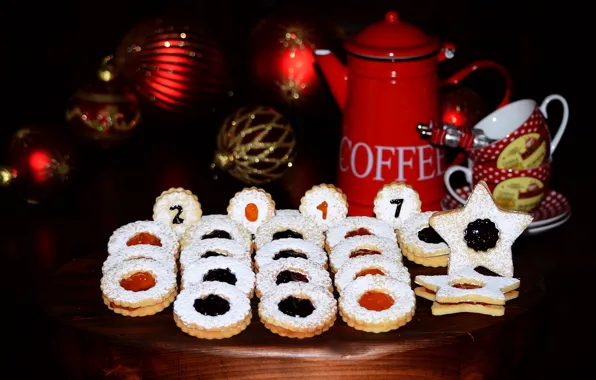 Шары, кофе, печенье, Новый год, Christmas, выпечка, background, джем