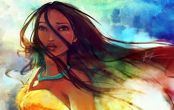 Картинка девушка, ветер, медальон, гордость, пряди, Покахонтас. взгляд