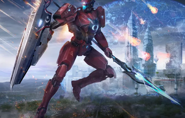 Город, робот, арт, копье, щит, pacific rim, jaeger