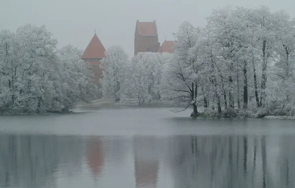 Картинка снег, деревья, озеро, Зима, крепость