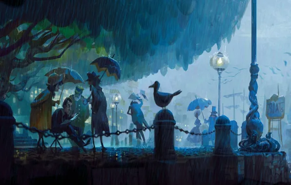 Картинка парк, арт, люди, дождь, птицы, улица, вечер, фонарь, зонты