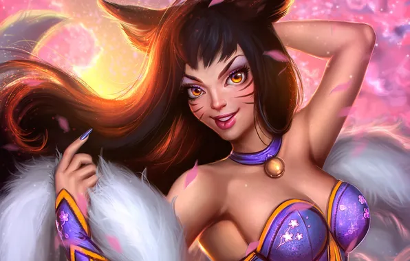 Грудь, девушка, лицо, улыбка, лиса, лисица, League of Legends, ahri