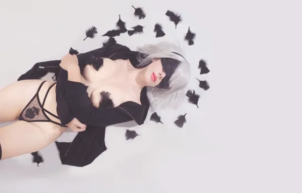 Секси, поза, чулки, бельё, cosplay, Nier Automata, Yorha No.2, Katyuska MoonFox