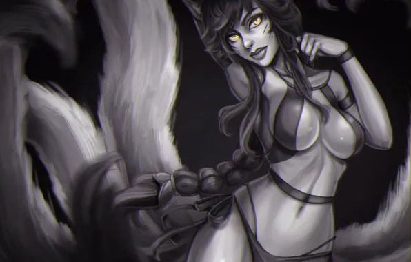 Грудь, девушка, тело, трусики, хвост, lol, League of Legends, ahri