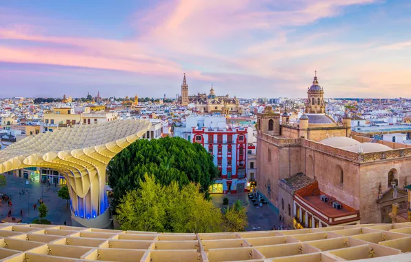 Небо, деревья, дома, крыши, панорама, Испания, Andalusia, Seville