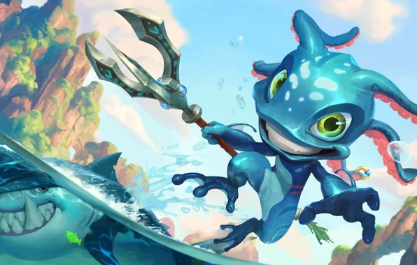 Море, скалы, акула, существо, трезубец, Fizz, Legends of Runeterra