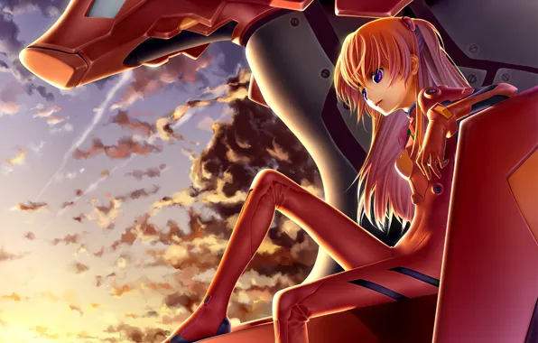 Девушка, облака, закат, костюм, neon genesis evangelion, soryu asuka