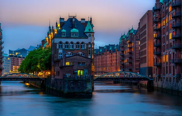 Картинка здания, дома, Германия, мосты, Гамбург, Germany, каналы, Speicherstadt
