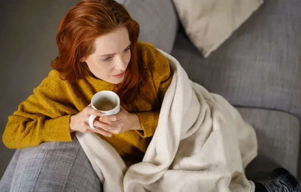 Кофе, Шатенка, Одеяло, Женщина, Coffee, Woman, Blanket, Comfortable couch