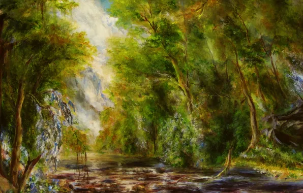 Картинка лес, деревья, цветы, река, ручей, камни