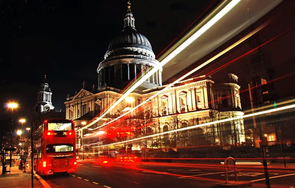 Ночь, city, город, лондон, автобус, london, St Paul\'s Cathedral, bus
