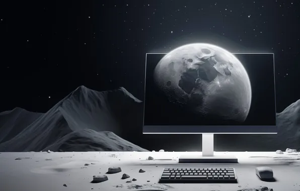 Картинка space, Moon, computer, table, keyboards, computer mice