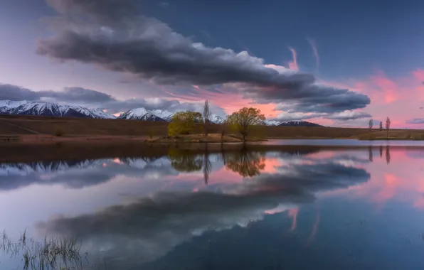 Облака, отражения, горы, озеро, Новая Зеландия