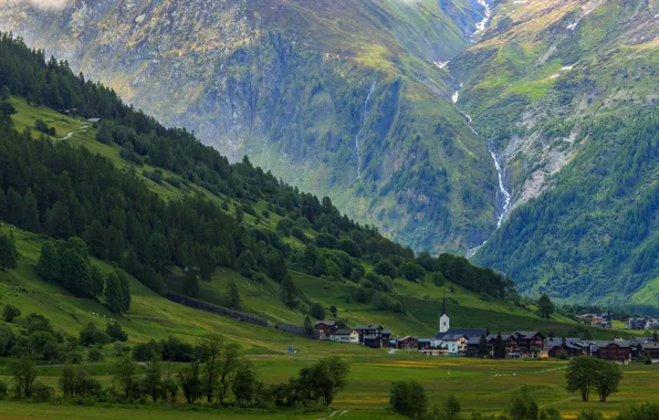 Картинка деревья, горы, ручей, скалы, дома, Швейцария, долина, ущелье