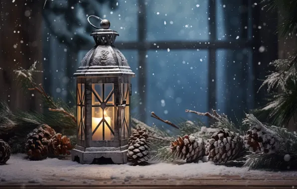 Зима, снег, украшения, ночь, Новый Год, Рождество, фонарь, light