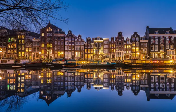 Отражение, здания, дома, причал, Амстердам, Нидерланды, ночной город, Amsterdam