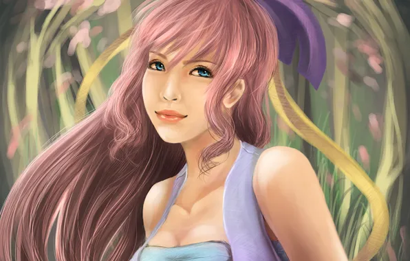 Картинка девушка, арт, бант, хвостик, розовые волосы