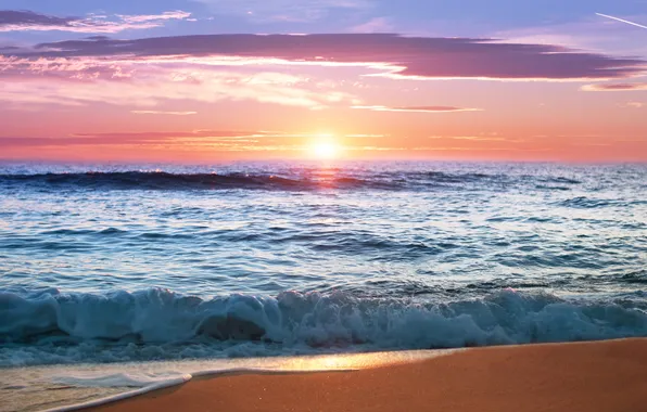 Море, закат, beach, sea, sunset, sand, wave