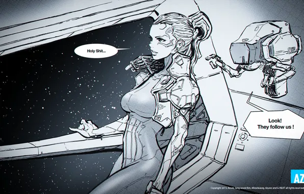 Space, girl, robot, comics, digital art, jang wook kim
