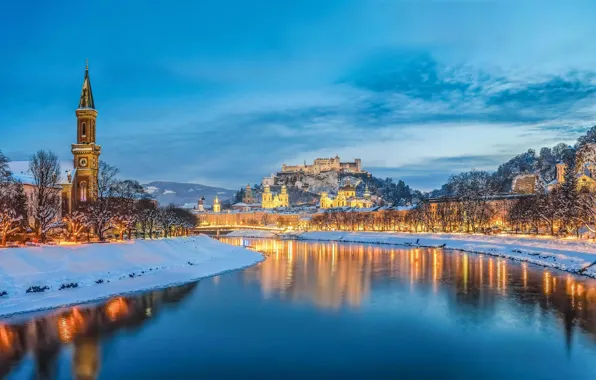 Зима, снег, город, река, Европа, river, winter, Europe