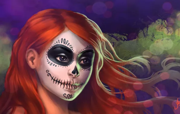 Картинка девушка, лицо, арт, Halloween, раскраска