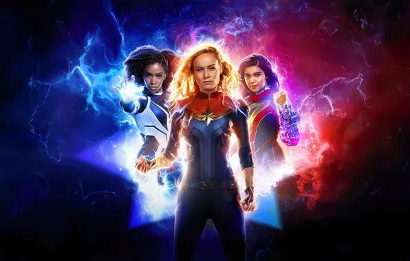 Фон, фантастика, девушки, постер, комикс, костюмы, MARVEL, троица