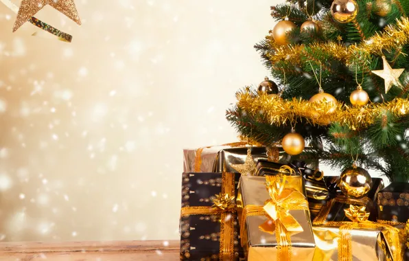 Картинка праздник, обои, игрушки, елка, подарки, Новый год, мишура, коробки