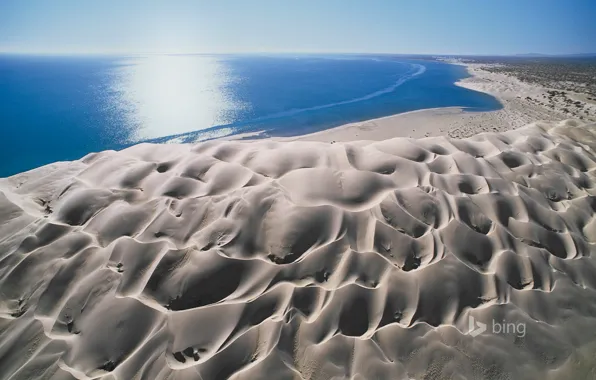 Картинка песок, море, небо, солнце, пейзаж, блики, дюны