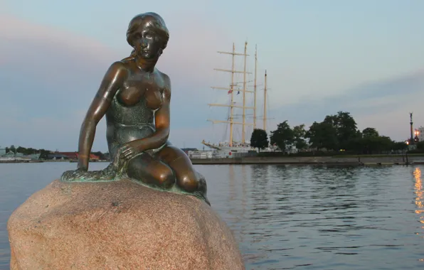 Море, обои, камень, русалка, сказка, вечер, Дания, фигура