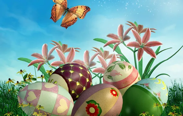 Цветы, рендеринг, яйца, Пасха, flowers, spring, easter