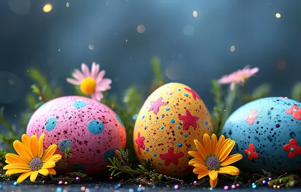 Цветы, яйца, весна, colorful, Пасха, happy, flowers, spring