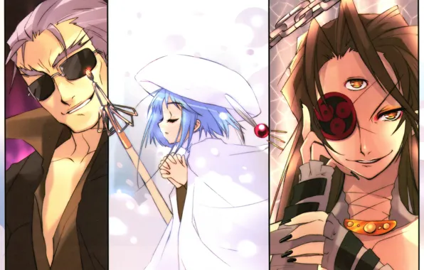 Магия, очки, shakugan no shana, ухмылка, голубые волосы, art, молитва, noizi ito