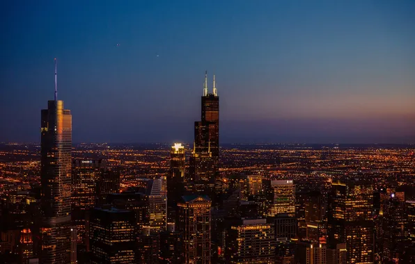 Картинка city, огни, небоскребы, вечер, USA, америка, чикаго, Chicago