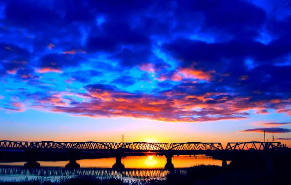 Картинка небо, облака, закат, мост, река