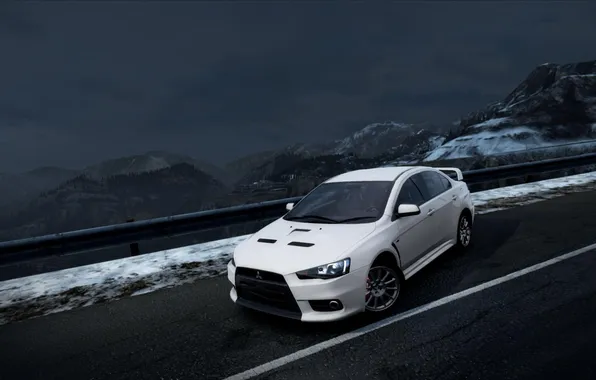 Картинка горы, ночь, ракурс, need for speed hot pursuit, Mitsubishi Lancer Evolution X