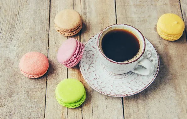 Colorful, coffee cup, french, macaron, чашка кофе, макаруны