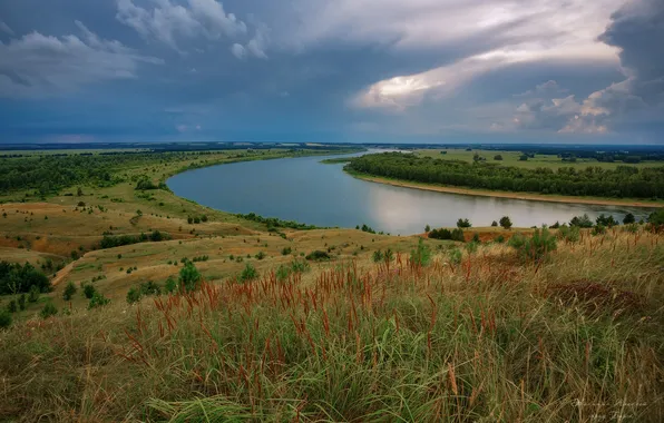 Трава, облака, река, горизонт, простор, живописный пейзаж, Никитин Алексей, Июльский вечер