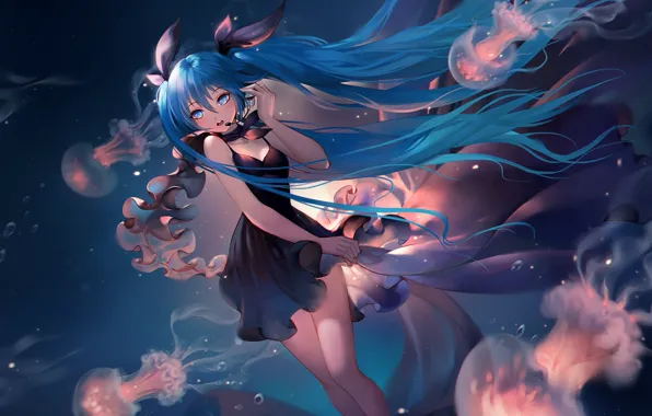 Картинка девушка, платье, медузы, Hatsune Miku, Vocaloid, под водой, anime, art